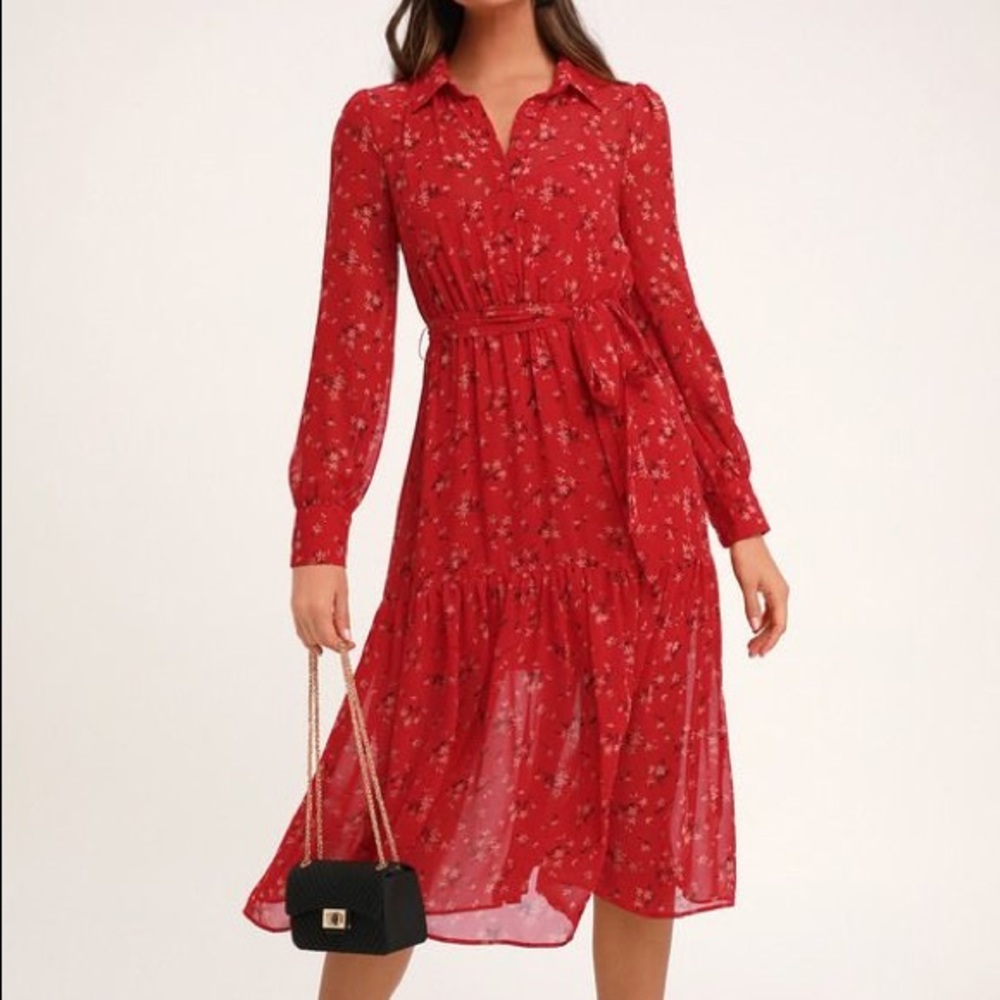 Red Floral Long Sleeve Midi Dress